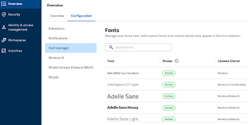 Font manager configuration page showing the search field and a table of fonts with font, status, and license owner columns