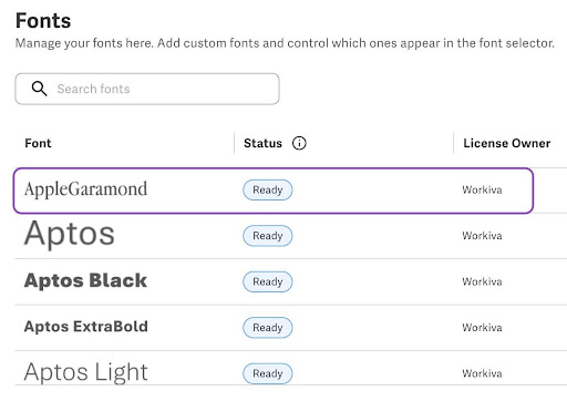 Font manager table showing the newly added custom font