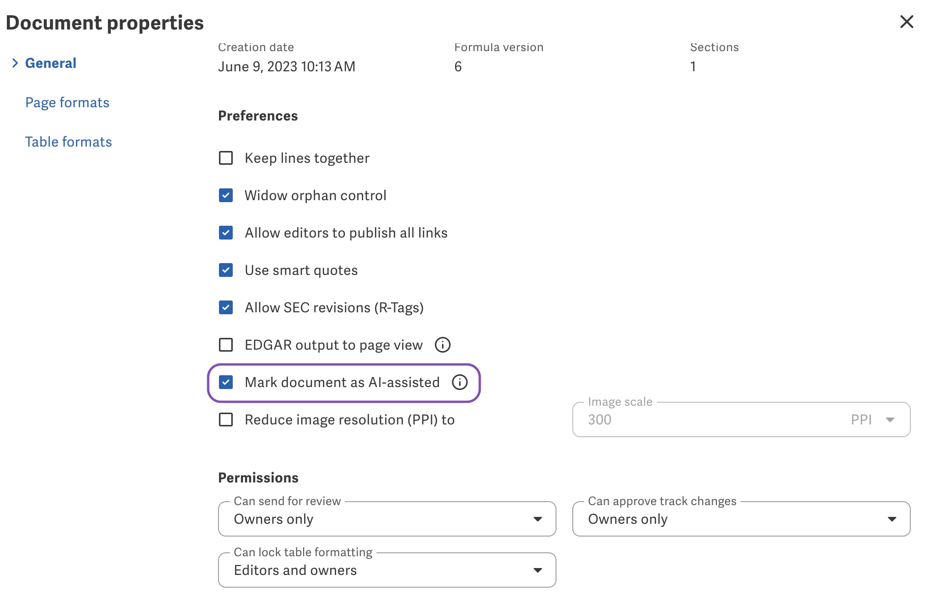 Document properties AI-assisted option