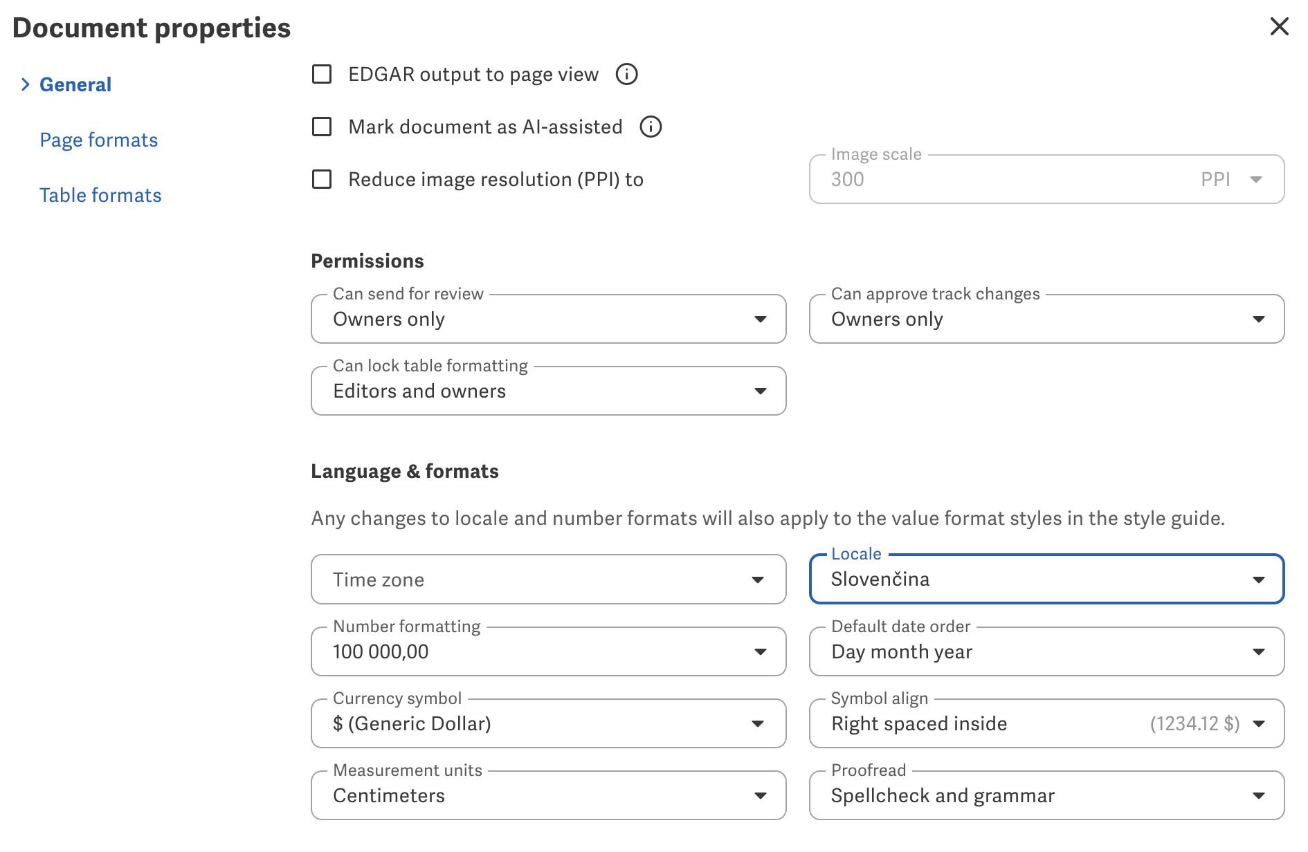 Locale option in Document properties General tab