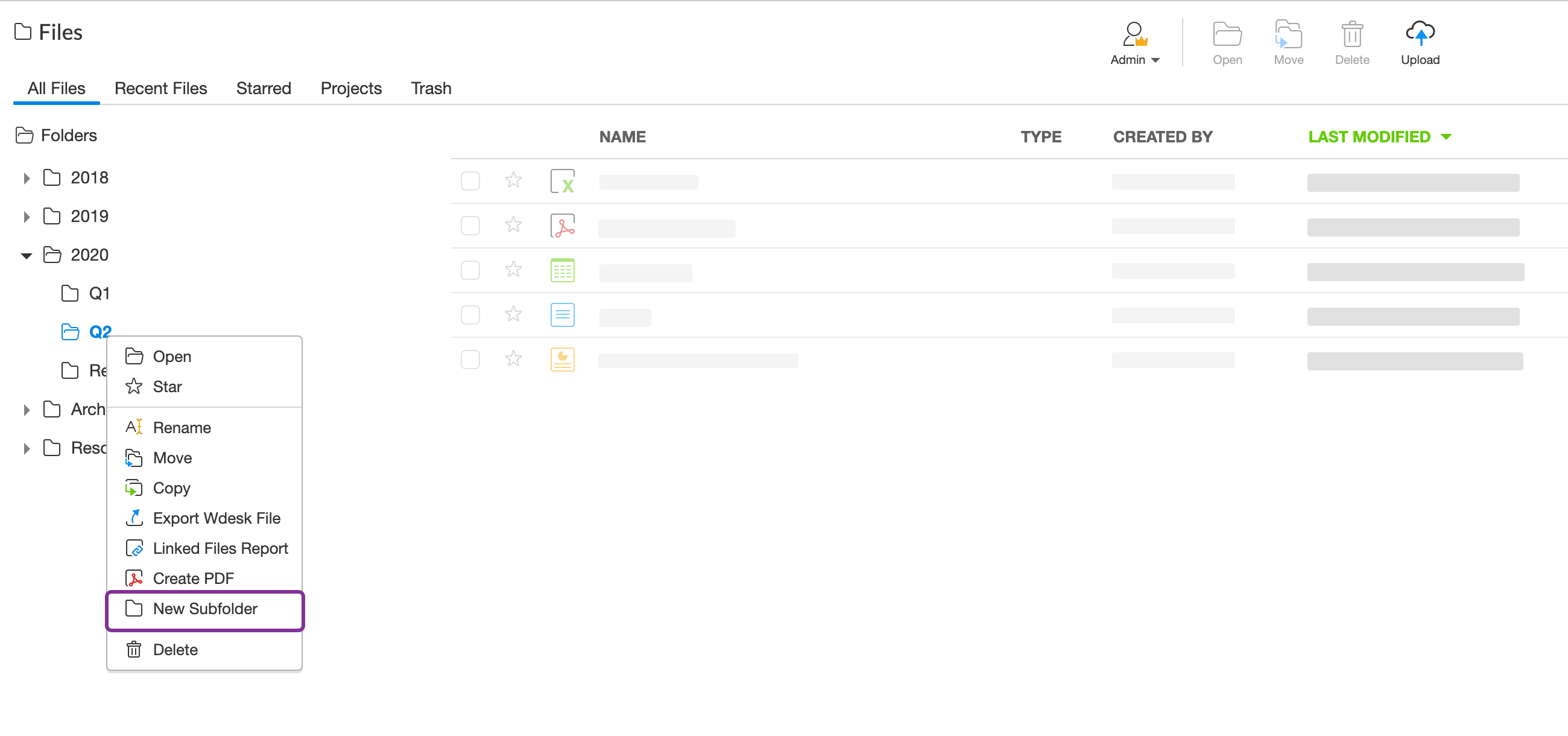 New Subfolder option in the right-click folder menu