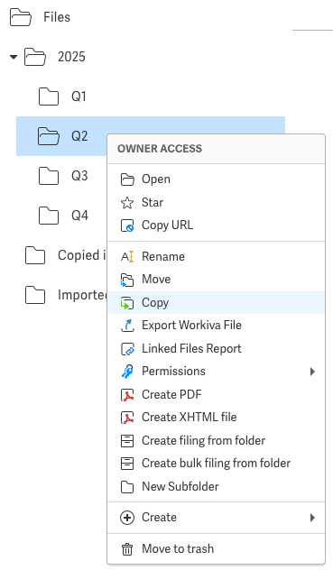 Copy menu for the roll forward folder