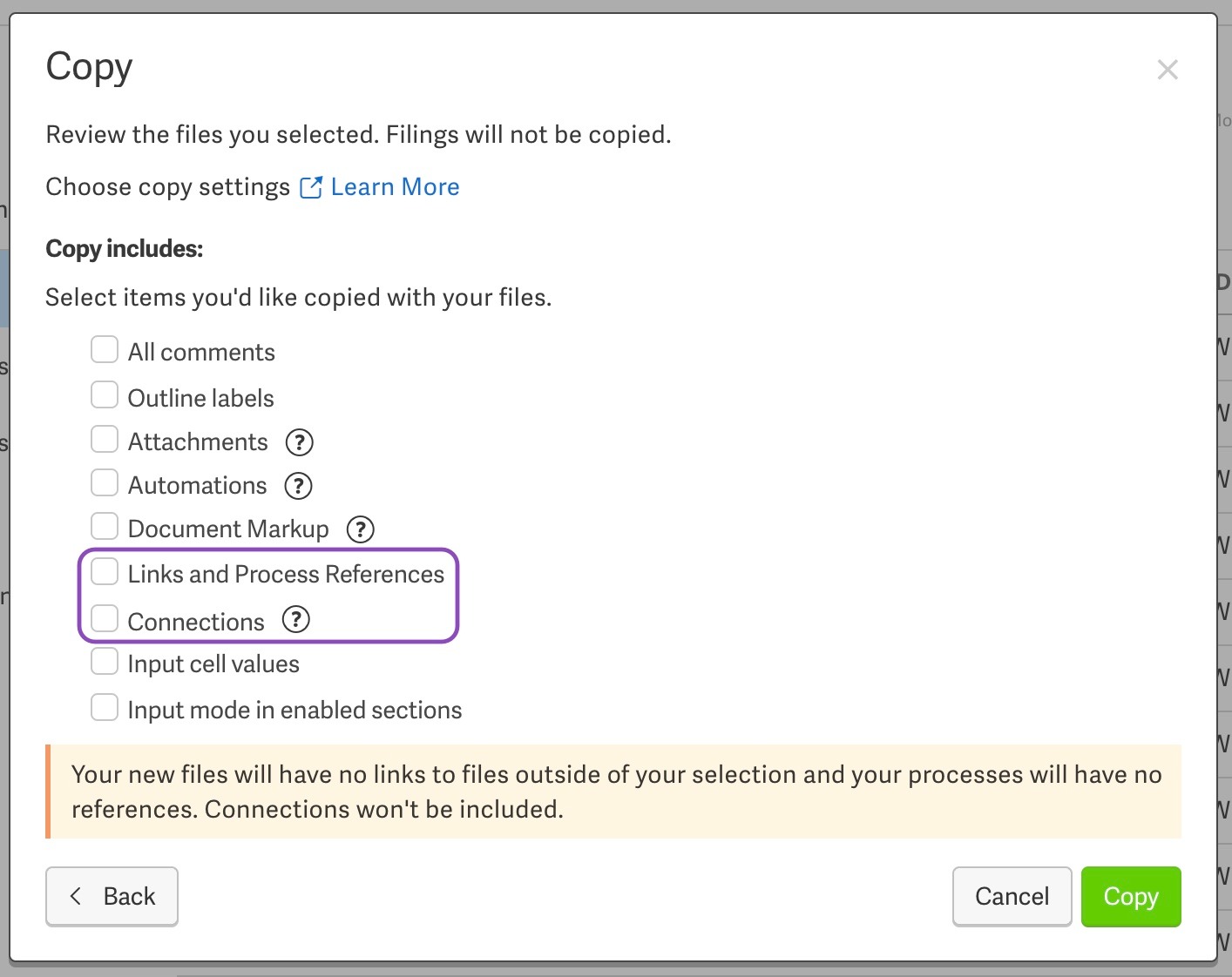 Copy dialog with Links and Process References and Connections unselected