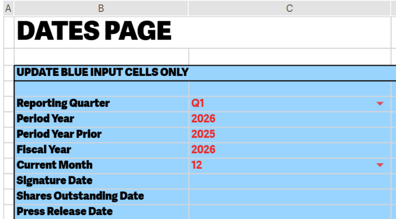 Dates page in the primary spreadsheet showing blue input cells for reporting quarter, period year, and related fields