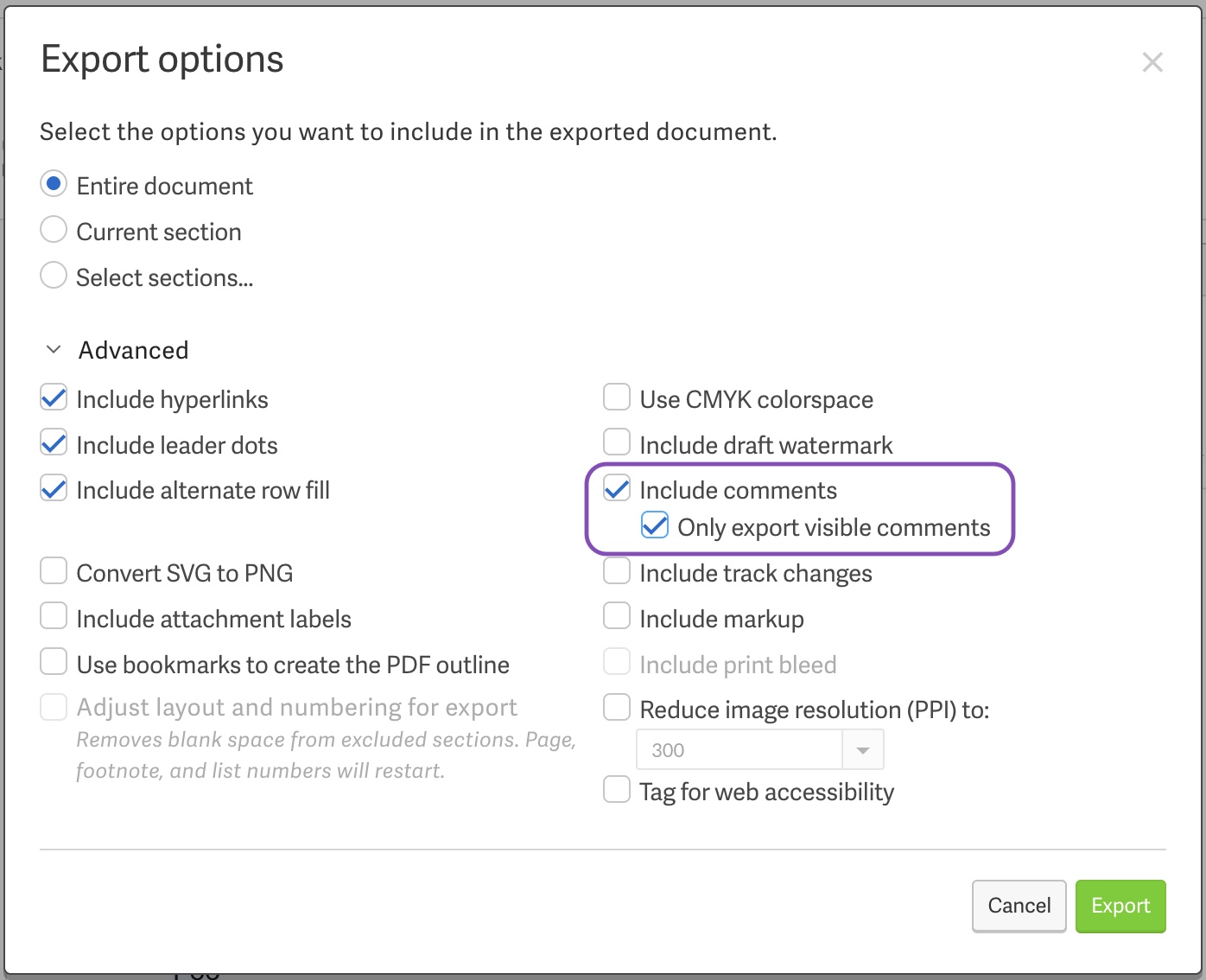 Export comments to PDF