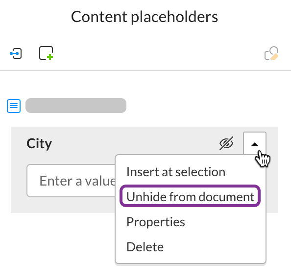 Expand the dropdown for the individual placeholder in the right panel and select Unhide from document