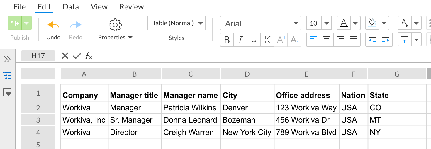 In the spreadsheet, use the first row or first column in the data range to add the placeholder labels. Then fill in the placeholder data values that will be used to populate the placeholders.