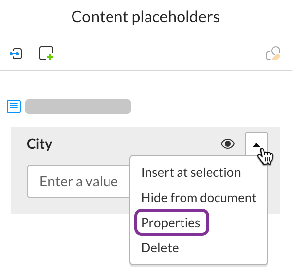 Expand the dropdown menu for the individual placeholder in the right panel and select Properties