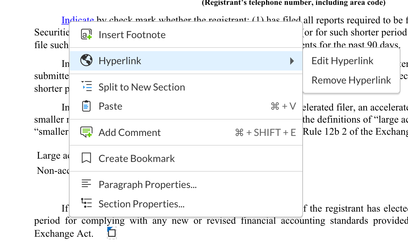 Edit et Remove dans le menu de lien hypertexte