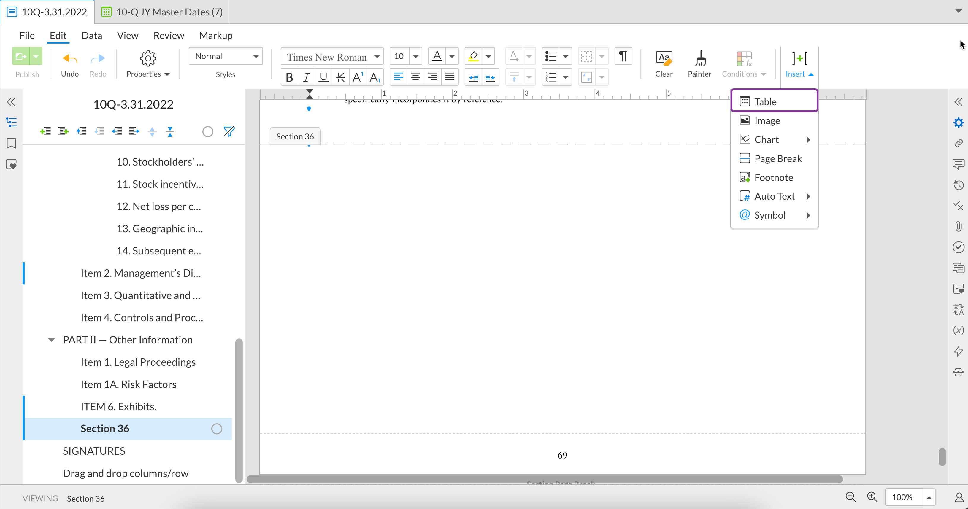 insert a table into a document