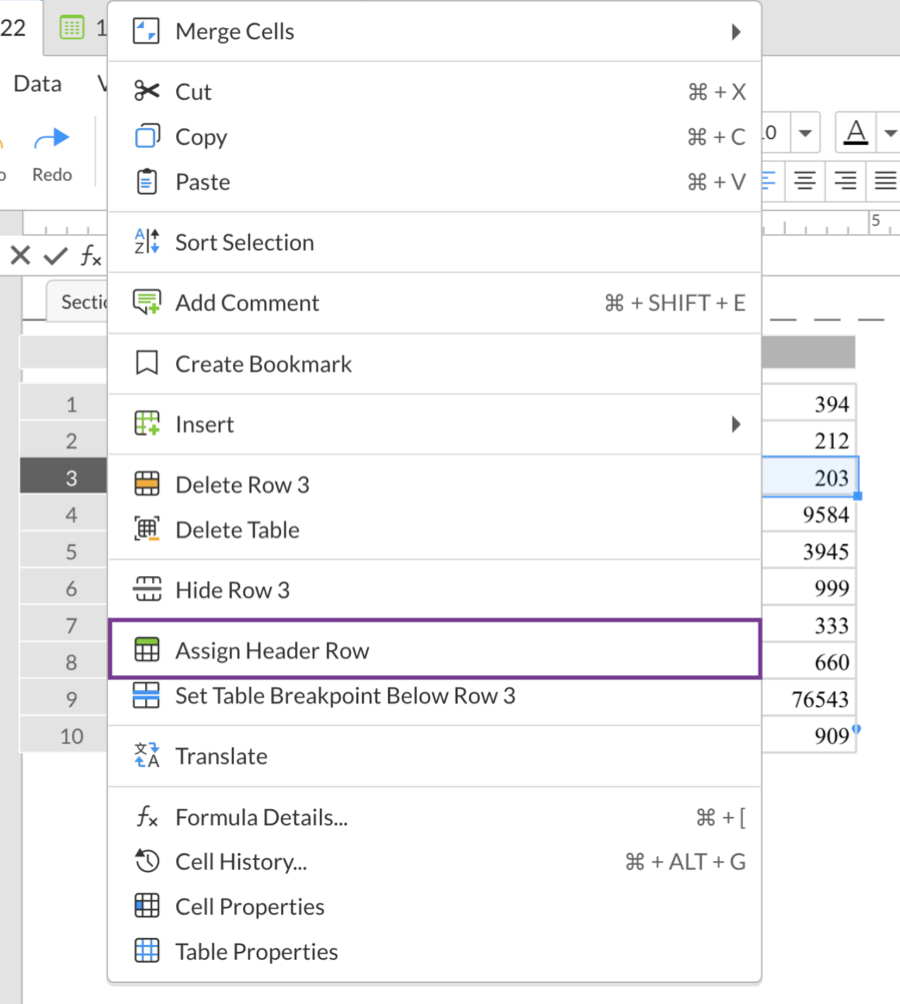 right-click the row number to assign header row